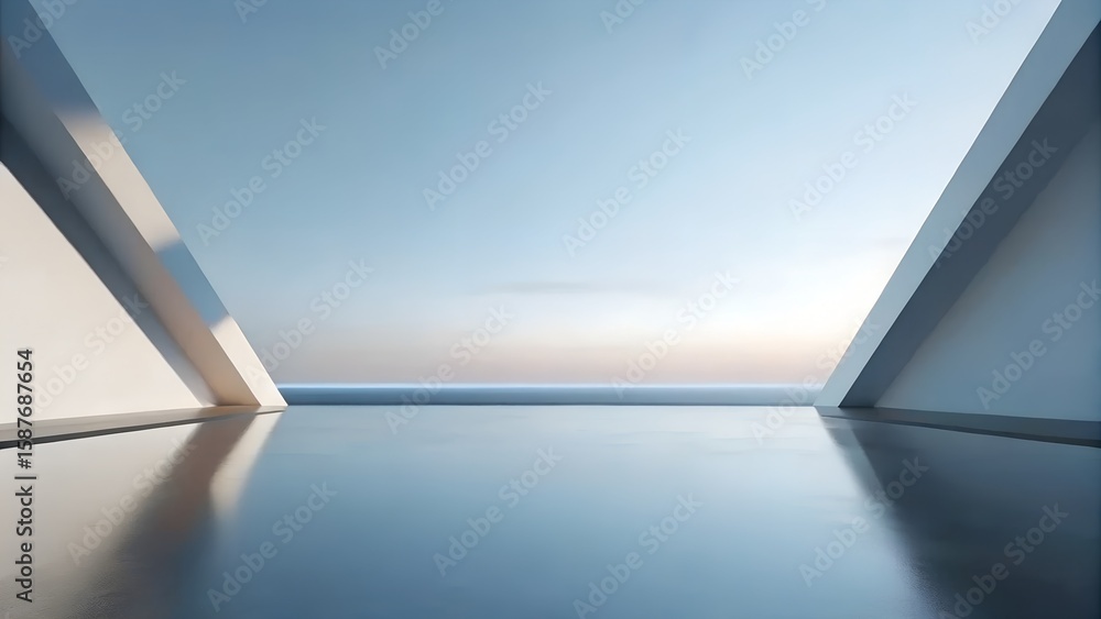 Aufkleber 3d render of symmetrical triangular structures over reflective coastal horizon at sunset