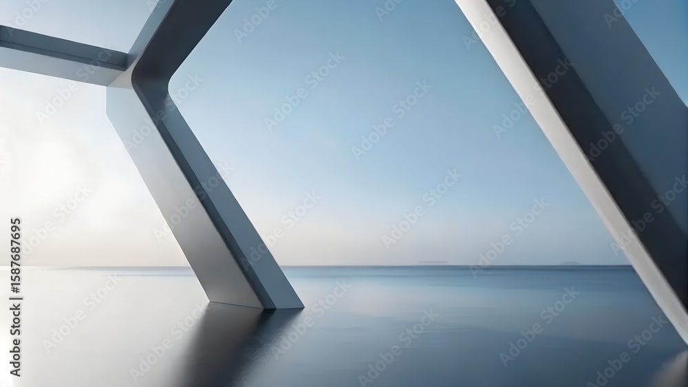 Poster 3d render of geometric beam structure over reflective ocean surface at twilight