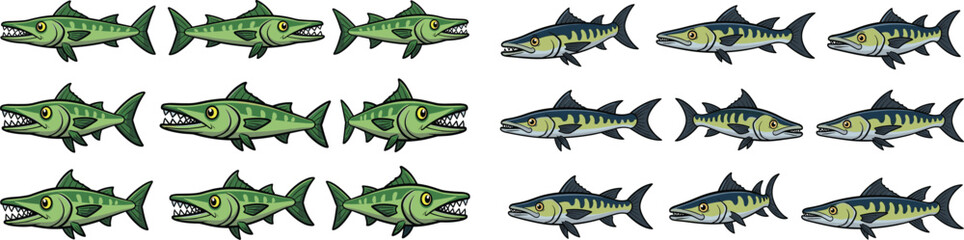 Fototapeta premium Cartoon barracuda fish group swims with different colors isolated on white