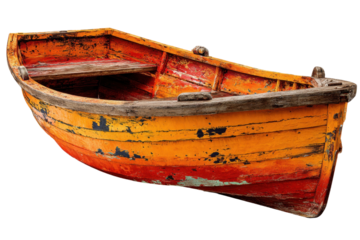 Rustic wooden boat with weathered orange paint offers a glimpse into maritime history and nautical charm
