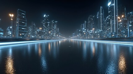 A futuristic cityscape at night featuring illuminated skyscrapers and a reflective water body in the foreground.