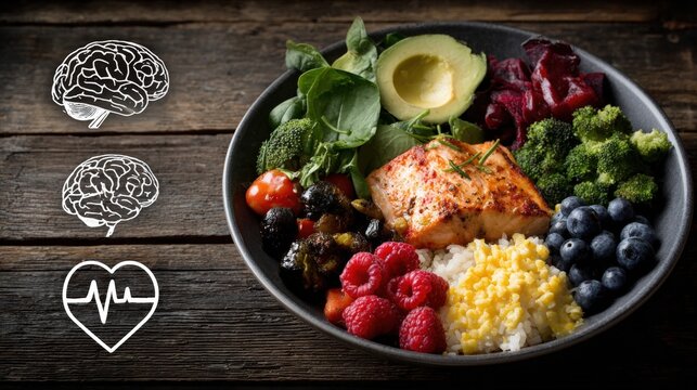 A nutritious bowl with salmon, avocado, berries, broccoli, and rice, symbolizing brain and heart health on a rustic wooden background.