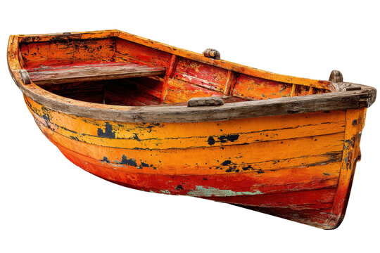 Rustic wooden boat with weathered orange paint offers a glimpse into maritime history and nautical charm