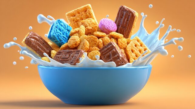 A vibrant blue bowl overflows with assorted colorful cereals and milk, creating a dynamic splash against an orange background.