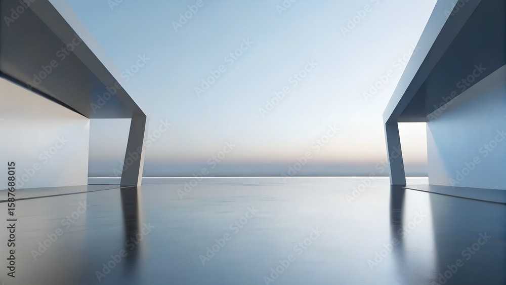 Poster 3d render of futuristic architecture symmetry with metallic structures and reflective surface
