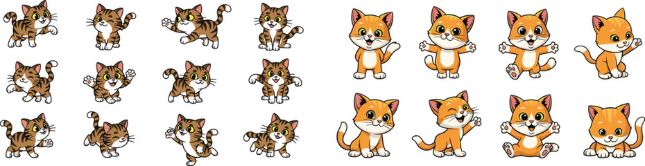 Fototapeta premium Cartoon set of tabby and ginger kittens, smiling and waving, isolated on a white background.