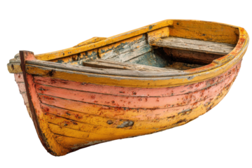 Weathered wooden rowboat showcases aged paint and rustic charm for boating and nautical themes appeal