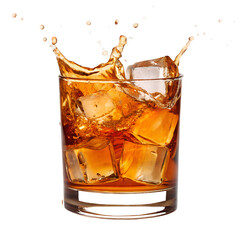 Amber colored whiskey splash with ice cubes in a glass isolated on transparent background