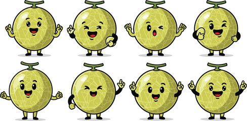 Cute cantaloupe cartoon character set with different poses and expressions.