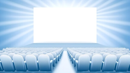 Blue cinema hall with white blank screen and empty seats. Concept of movie theater, entertainment, and leisure
