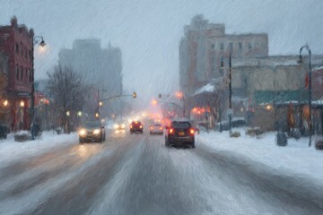 Cars drive along a snowy city street with buildings and traffic lights during a winter blizzard scene