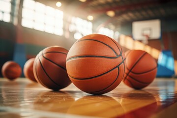 Several basketballs are positioned on a shiny wooden court ready for a game or training session