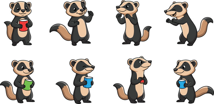 Cartoon honey badgers in various poses hold colorful cups vector illustration