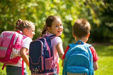 Three children with backpacks walking outdoors on a sunny day with green foliage background