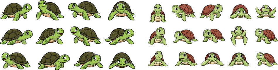 Obraz premium Cartoon turtle vector set in various poses and expressions, isolated on white background.