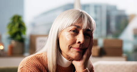 Thinking, memory and relax with old woman on sofa for retirement, reflection and Alzheimer....
