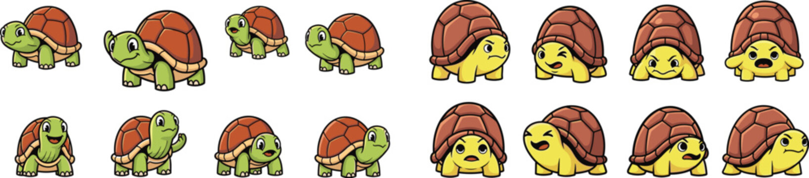 Cartoon turtle set with varying emotions and poses, from happy to angry.