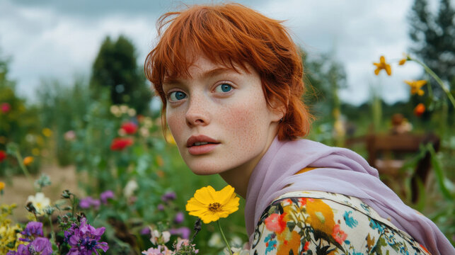 Portrait of a woman with a square face, short red hair, and bright blue eyes, wearing a soft lilac scarf and a floral jacket, walking in a garden filled with spring flowers.  - Powered by Adobe