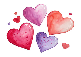 Romantic watercolor heart shapes with soft edges and pastel shades on clean white background, great for love themes, Valentine's designs, and artistic illustrations.