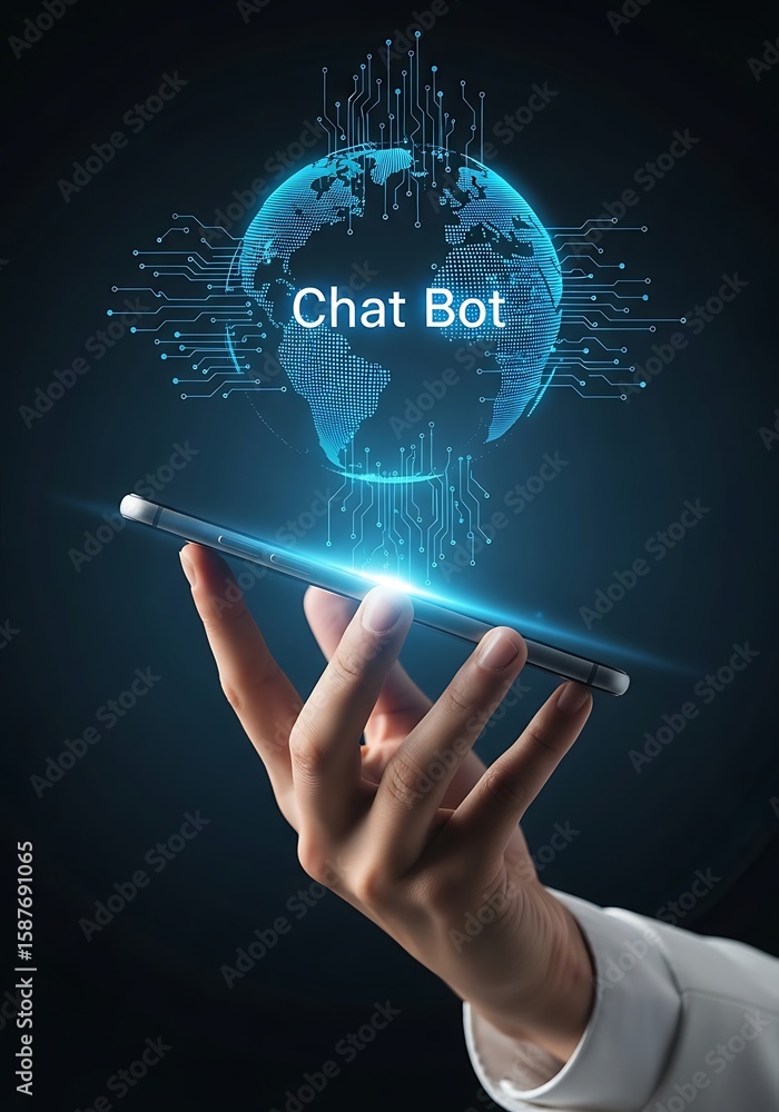 Poster digital globe with chat bot text over smartphone hand