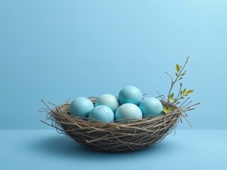 Obraz premium Blue Eggs in Nest on Blue Background