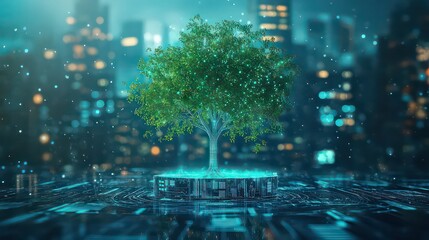 Obraz premium A digital tree on a platform with a city skyline in the background with a futuristic aesthetic