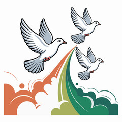 Three white doves flying with colorful abstract background