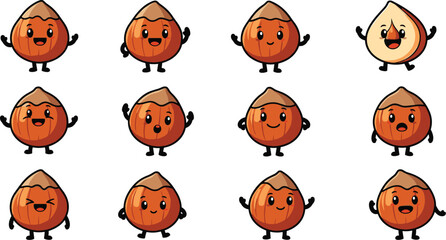 Collection of animated hazelnut characters with various expressions and poses isolated on white background.