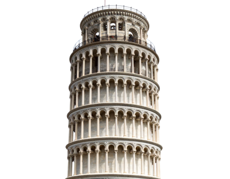 Front View of Leaning Tower of Pisa with Clear Blue Sky, Isolated PNG