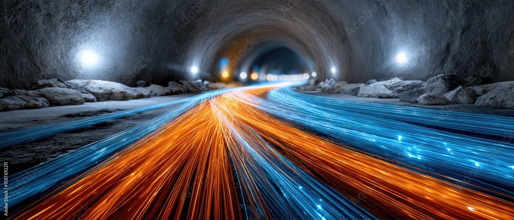 Poster fiber optic data-transfer concept. dynamic light trails in a tunnel create an abstract, futuristic a