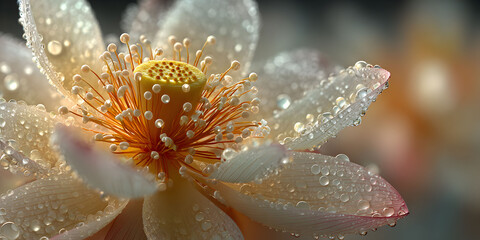 Fototapeta premium Extreme close up macro shot of a delicate white lotus flower covered in glistening water droplets on its petals and stamen