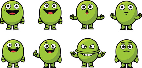 Set of green cartoon character vector with various expressions and gestures.