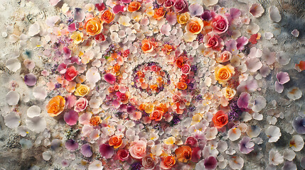 Floral Spiral Composition A Stunning Arrangement of Colorful Petals for Abstract Natural Beauty and Pattern Designs. A Whimsical and dreamy natural arrangement.