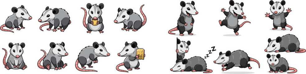 Cartoon opossum character set in various poses and actions.
