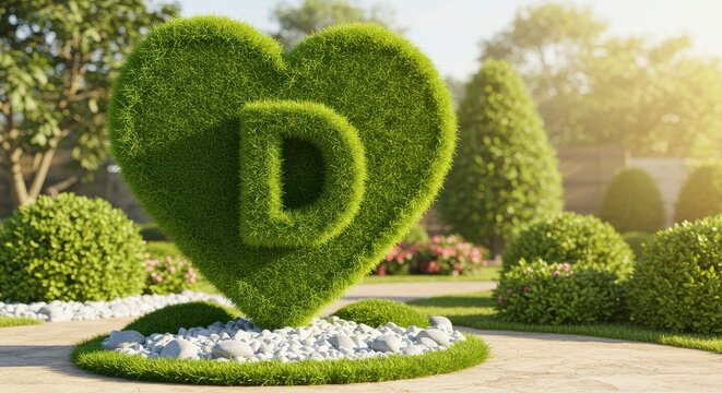 Heart shaped topiary with letter d carved into it isolated on white background
