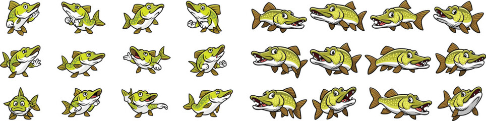 Fototapeta premium Cartoon northern pike fish poses set, showing different angles and expressions