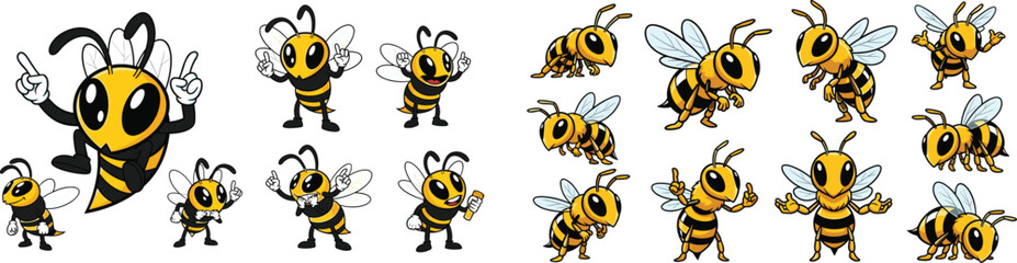 Cartoon bee characters with various poses and expressions vector set