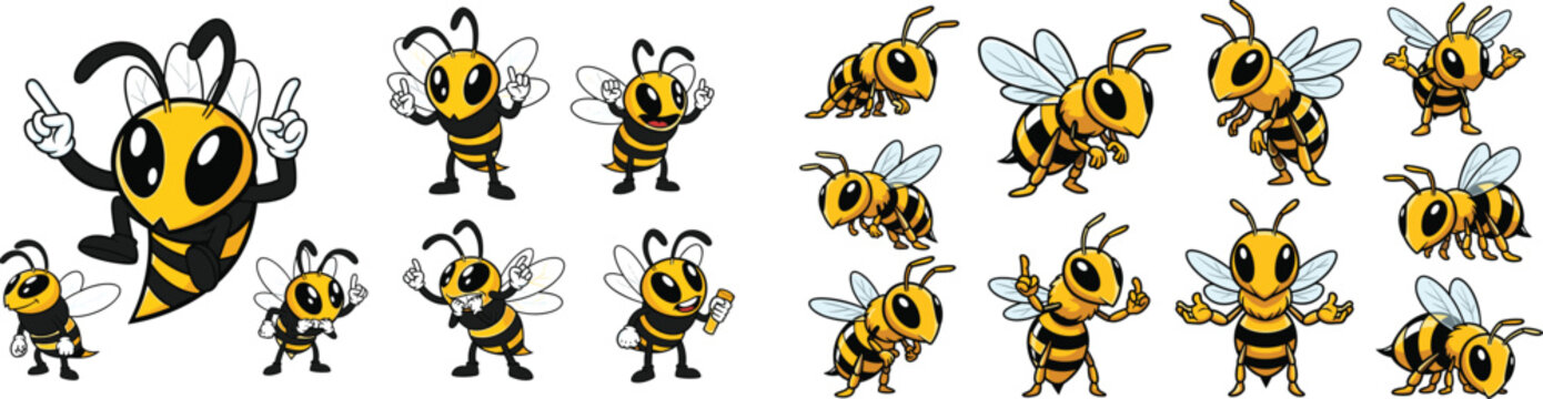Cartoon bee characters with various poses and expressions vector set