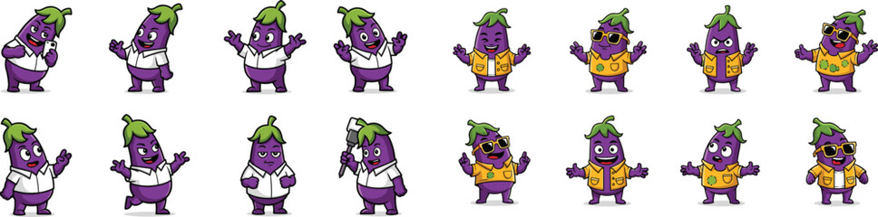Cartoon eggplant mascot characters in various poses, outfits, and expressions vector set