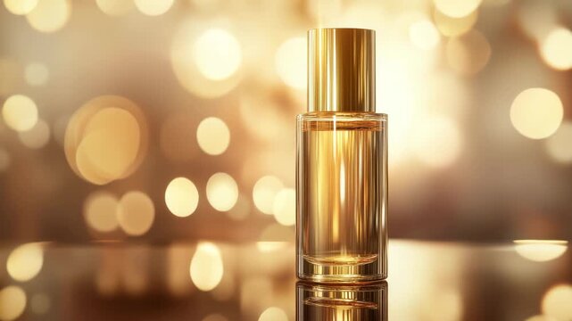 Golden perfume bottle with reflective glass surface and warm bokeh lights background creating luxurious and elegant atmosphere for beauty fragrance and luxury cosmetic product reflection