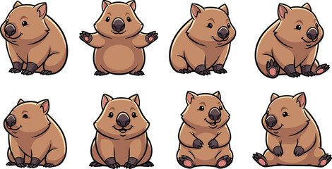 Set of cartoon wombat vector illustrations in different sitting poses.