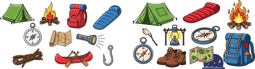 Camping cartoon set, tents, campfires, backpacks, compasses, maps, sleeping bags, canoe, and hook illustration