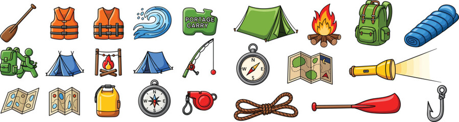 Cartoon camping icons vector set, with outdoor gear like tent, map, backpack, compass, and paddle.