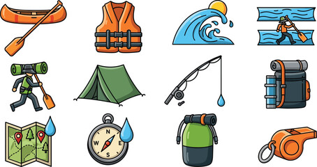 Camping and paddling cartoon vector icons including tent, map, backpack, compass, fishing pole and canoe.