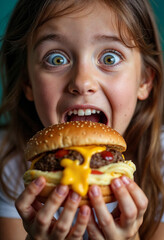 Teen Girl Holding Cheeseburger with Cheese Stretch