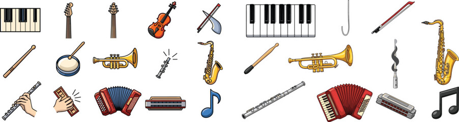 Cartoon collection of diverse musical instruments vector set.