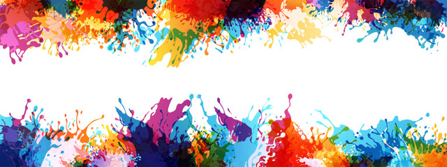 Rainbow paint splash baner. Top and down borders. Flowing ink decoration. Colorful liquid in motion. Vector isolated design element on the transparent background.