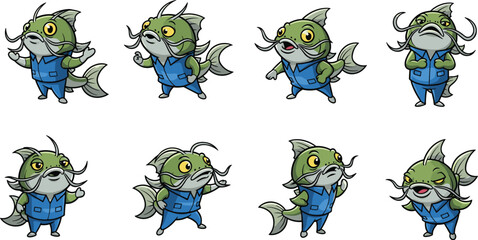 Cartoon catfish characters set wearing work clothes in different poses, emotions, and expressions vector illustration