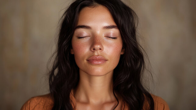 Portrait of a woman with dark brown eyes, soft features, and long wavy hair, dressed in a yoga instructor's attire, showing a peaceful expression. 