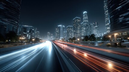 Fototapeta premium A nighttime cityscape showing light trails from vehicles moving on roads amidst tall skyscrapers.